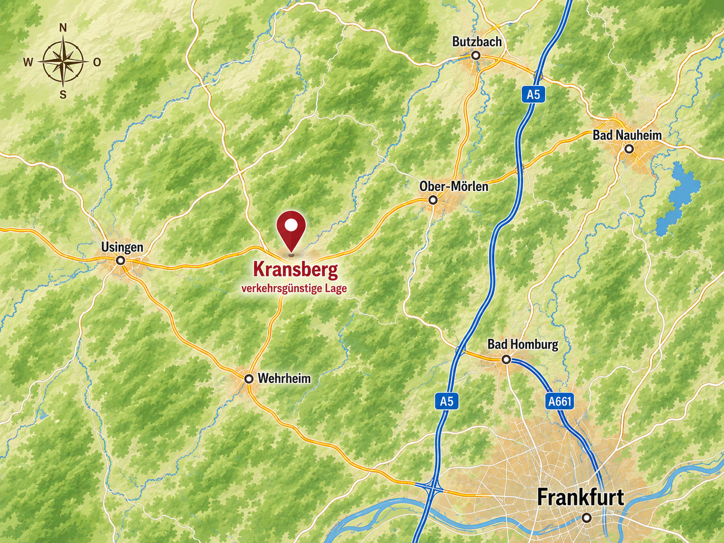 Übersichtskarte Kransberg mit Frankfurt, Bad Homburg, Bad Nauheim, Butzbach und Usingen